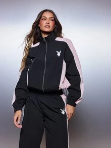 Missguided x Playboy Celana Track Kaki Lebar dengan Logo Kelinci, Panel Samping Garis Pink, Tali Serut di Pinggang, Panjang Penuh, Gaya Kasual - Hitam - View 4