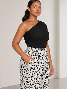 ELLERISSA Plus Size Black And White Dalmatian Print Wide Leg Drawstring Waist Pants Fall - Black and White - View 3