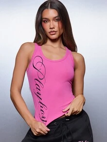 Missguided x Playboy Cursive Script Sleeveless Crop Tank Top With Scoop Neck Slim Fit Ribbed Summer Festival Y2K Style - Pink - View 2
