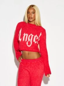 SUMWON WOMEN Fuzzy Crop Sweater With Gothic Angel Text Print Crew Neck Long Sleeve Fluffy Knit Top Fall Winter Holiday Season - Red - View 3