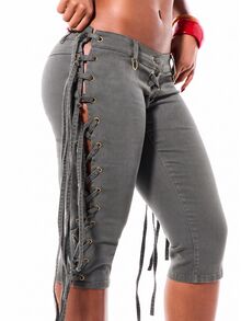 SUMWON WOMEN Capri Pants With Side Lace-Up Eyelets Detail Low Rise Cropped Length Summer Festival Casual Bottoms - Grey - View 7