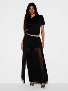 KIZN One-Shoulder Ruched Crop Top Short Sleeve Fitted Party Night Out Summer Festival Night Out Style - Black - View 4