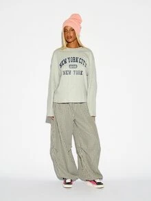 SUMWON WOMEN Wide Leg Checkered Gingham Casual Pants With Drawstring Elastic Waist Relaxed Fit Full Length Summer Holiday Trousers - Black and White - View 2