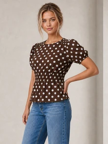 ELLERISSA Blus Atasan Peplum Lengan Mengembang Leher Bulat Motif Polkadot Cokelat Kopi dengan Pinggang Berkerut dan Kerah Bulat - Coffee Brown - View 5