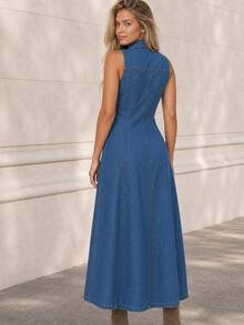 ELLERISSA Blue Sleeveless Collared V Neck Button Front Denim Midi Dress - Blue - View 2