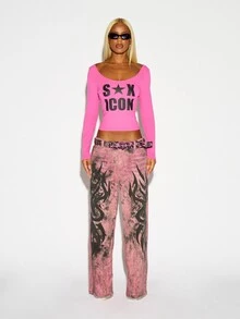 SUMWON WOMEN Acid Wash Low Rise Straight Leg Jeans With Flame Applique Leg Print Frayed Hem Festival Summer Y2K Denim Pants - Pink - View 2