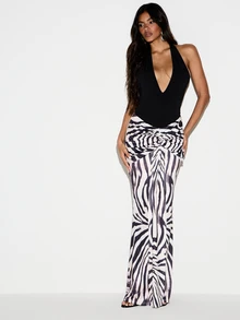 KIZN Zebra Print Ruched Twist Front Maxi Skirt With Flared Hem Bodycon Silhouette High Rise Stretch Knit Summer Party Skirt - Black and White - View 2