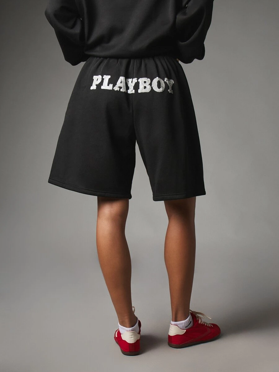 Missguided x Playboy Sequin Logo Oversized Bermuda Sweat Shorts With Elastic Waistband And Side Pockets Perfect For Summer Streetwear Casual Everyday Wear - Black - View 1
