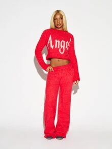 SUMWON WOMEN Fuzzy Crop Sweater With Gothic Angel Text Print Crew Neck Long Sleeve Fluffy Knit Top Fall Winter Holiday Season - Red - View 2