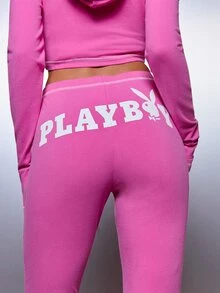 Missguided x Playboy Bunny Logo Cropped Full-Zip Hoodie And Flared Pants Co-Ord Set With Contrast Stitching Detail - Hot Pink - View 4