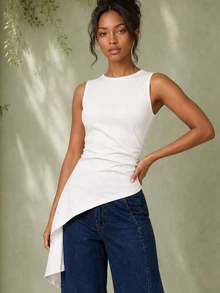 ELLERISSA White Round Neck Sleeveless Ruched Side Asymmetrical Ruffle Hem Top - White - View 3