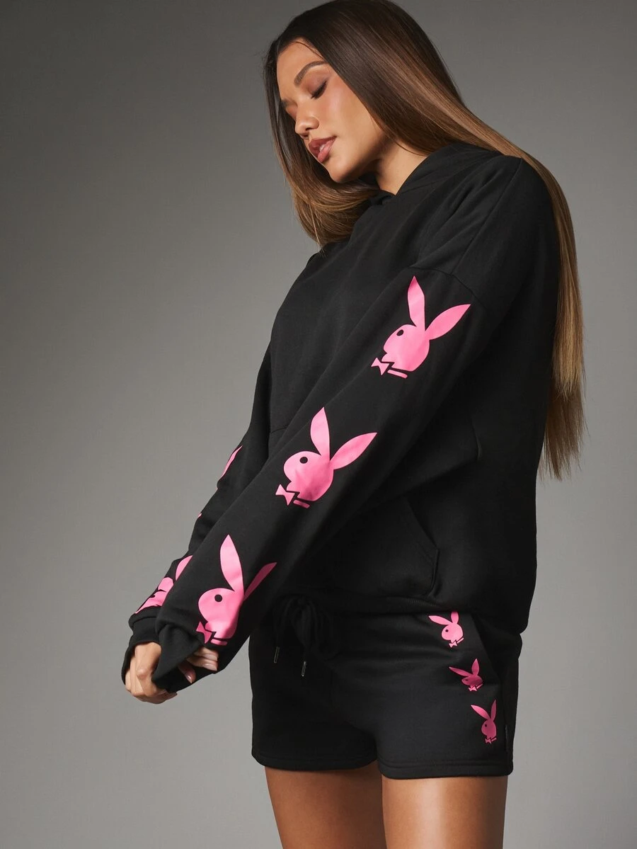 Missguided x Playboy Bunny Logo Oversized Pullover Sweatshirt With Hot Pink AOP Sleeve Print And Centre Pocket Casual Streetwear Fall Winter - Black - View 1