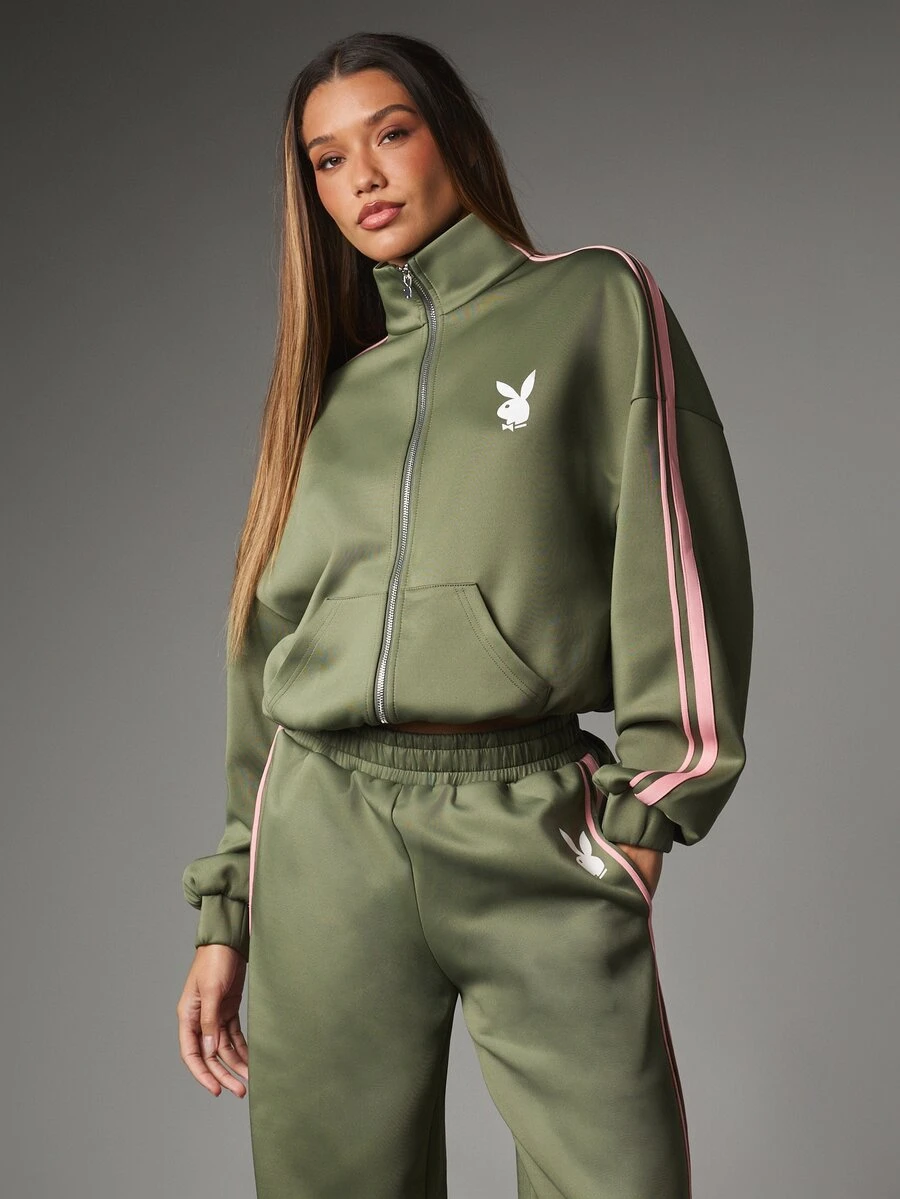 Missguided x Playboy Bunny Logo Full-Zip Cropped Track Top With Pink Contrast Stripe Sleeves And Centre Pocket - Army Green - View 1