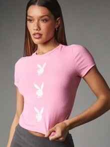 Missguided x Playboy Bunny Logo Crop T-Shirt With Crew Neck And Short Sleeves Slim Fit Triple Graphic Print Summer Night Out Top - Pink - View 5