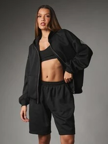 Missguided x Playboy Rhinestone Embellished Full-Zip Oversized Sweatshirt With Back Logo Text And Side Pockets Casual Streetwear - Black - View 3