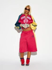 SUMWON WOMEN Oversized Fleece Bermuda Shorts With Embroidered Shield Logo Side Panel Color Block Detail Elastic Waist Casual Streetwear Autumn Winter - Multicolor - View 2