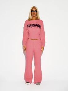 SUMWON WOMEN Fuzzy Flared Full Length Casual Pants With Waistband Text Detail In Soft Plush Knit Fabric Perfect For Fall Winter Cozy Loungewear - Pink - View 2