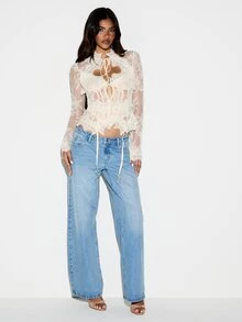 KIZN Sheer Floral Lace Long Sleeve Blouse With High Neck Ruffle Trim Tie Detail And Scalloped Hem Perfect For Valentine Date Night Or Spring Evening - Apricot - View 2