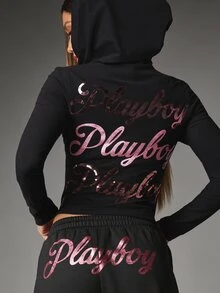 Missguided x Playboy Sequin Script Logo Cropped Zip-Up Hoodie Long Sleeve Back Print Fitted Crop Top Fall Winter Essential - Black - View 1