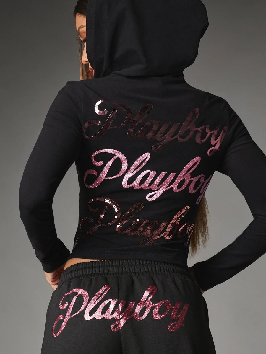 Missguided x Playboy Sequin Script Logo Cropped Zip-Up Hoodie Long Sleeve Back Print Fitted Crop Top Fall Winter Essential - Black - View 1