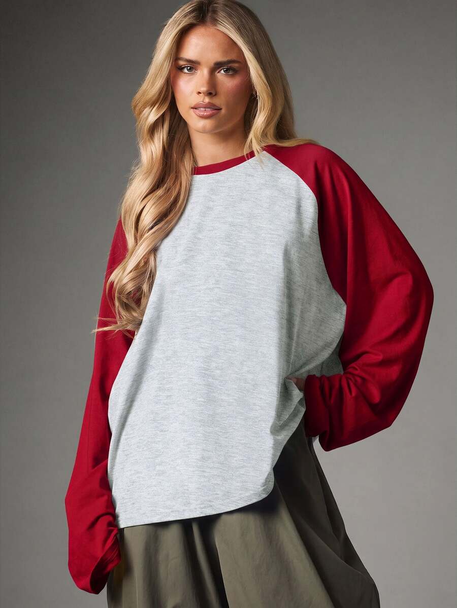 MISSGUIDED Oversized Raglan Long Sleeve Top Color Block Crew Neck Casual Pullover T-Shirt Baseball Style Relaxed Fit Fall Winter Essentials - Light Grey - View 1