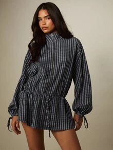 MISSGUIDED Oversized Striped Check Zip-Up Mini Dress With Mock Neck Drawstring Waist Balloon Sleeves And Side Tie Detail - Navy Blue - View 4