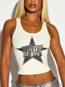 SUMWON WOMEN Crop Tank Top With Large Star And City Skyline Graphic Print Scoop Neck Sleeveless Y2K Style - White - View 3