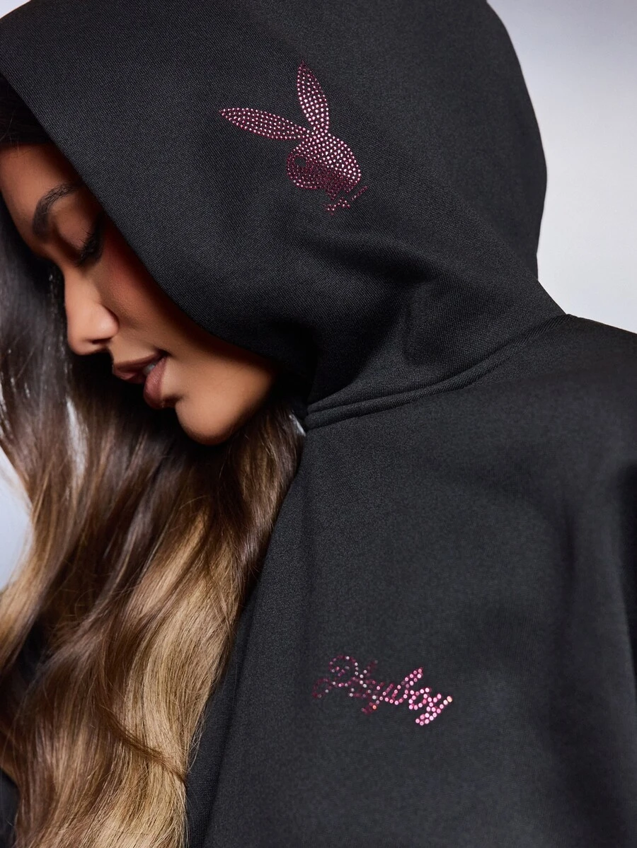 Missguided x Playboy Rhinestone Logo Oversized Sweatshirt With Bunny Emblem Hood Detail And Centre Pocket Casual Pullover Sweatshirt - Black - View 1
