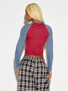 SUMWON WOMEN Miss 23 Graphic Crop Raglan Long Sleeve T-Shirt Crew Neck Color Block Two-Tone Baseball Style Fitted Cropped Top - Multicolor - View 5