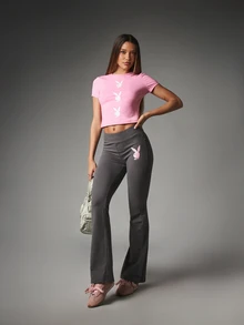 Missguided x Playboy Bunny Logo Crop T-Shirt With Crew Neck And Short Sleeves Slim Fit Triple Graphic Print Summer Night Out Top - Pink - View 2