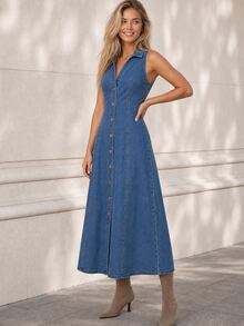 ELLERISSA Blue Sleeveless Collared V Neck Button Front Denim Midi Dress - Blue - View 4