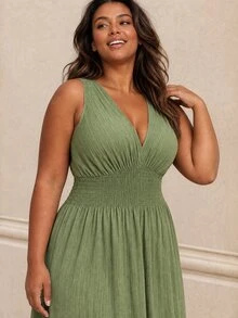 ELLERISSA Plus Size Green V Neck Shirred Waist Sleeveless Maxi Dress - Green - View 5