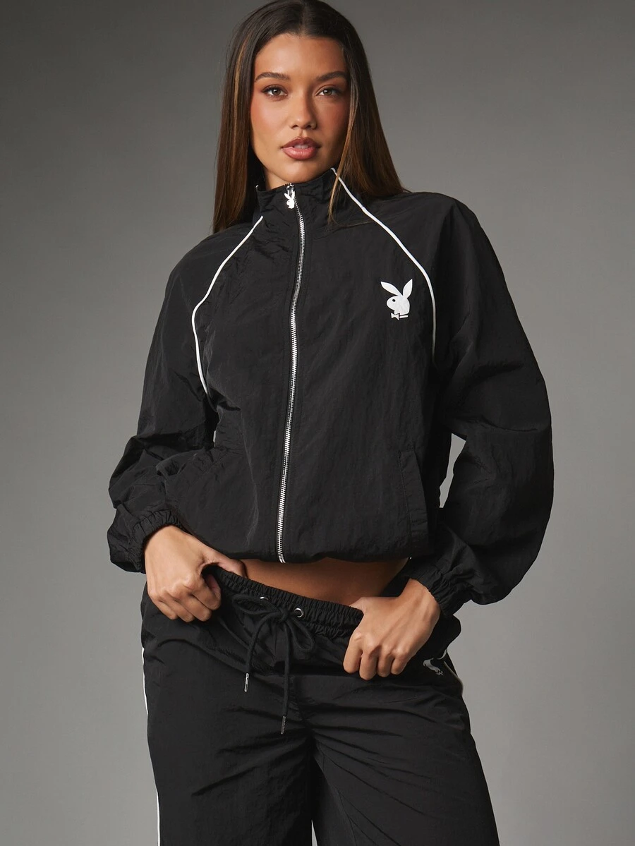 Missguided x Playboy Bunny Logo Cropped Windbreaker Jacket With Stand Collar Full Zip White Piping Detail Elasticated Cuffs - Black - View 1