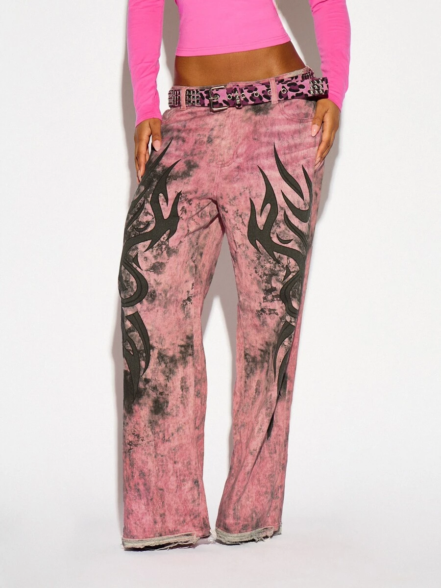 SUMWON WOMEN Acid Wash Low Rise Straight Leg Jeans With Flame Applique Leg Print Frayed Hem Festival Summer Y2K Denim Pants - Pink - View 1