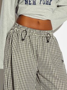 SUMWON WOMEN Wide Leg Checkered Gingham Casual Pants With Drawstring Elastic Waist Relaxed Fit Full Length Summer Holiday Trousers - Black and White - View 3
