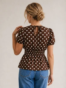 ELLERISSA Blus Atasan Peplum Lengan Mengembang Leher Bulat Motif Polkadot Cokelat Kopi dengan Pinggang Berkerut dan Kerah Bulat - Coffee Brown - View 2