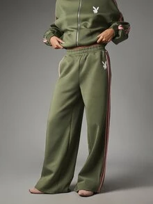 Missguided x Playboy Bunny Logo Wide Leg Track Pants With Pink Contrast Side Stripe And Elastic Waistband Full Length - Army Green - View 1