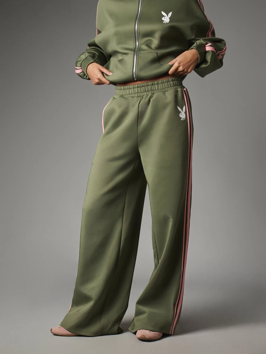 Missguided x Playboy Bunny Logo Wide Leg Track Pants With Pink Contrast Side Stripe And Elastic Waistband Full Length - Army Green - View 1