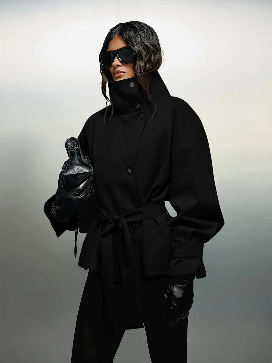 KIZN High Neck Belted Oversized Jacket With Button Front Closure And Wrap Tie Waist Detail For Fall Winter - Black - View 1