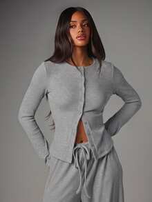 MISSGUIDED Ribbed Knit Co-Ord Set With Button-Down Cardigan Top And Wide Leg Drawstring Trousers - Cozy Autumn Winter Lounge Two Pieces - Light Grey - View 4