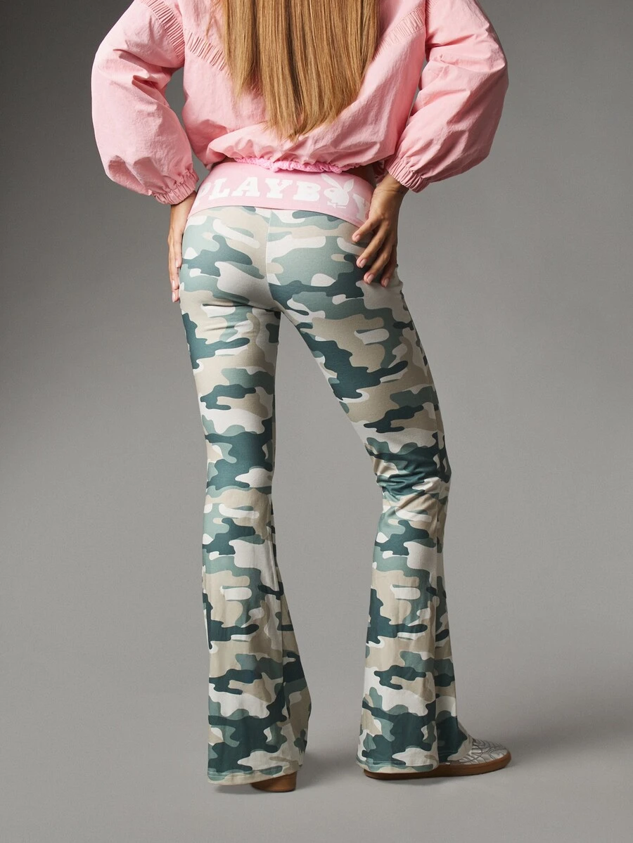 Missguided x Playboy Bunny Logo Camo Print Low Rise Flared Leggings With Branded Waistband Full Length Stretch Fit Festival Pants - Multicolor - View 1