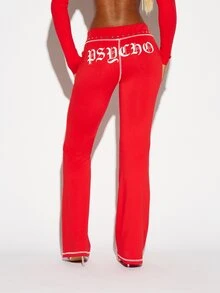 SUMWON WOMEN Low Rise Flared Casual Pants With Metal Eyelet Studded Waistband And Contrast Stitch Detailing Full Length Festival Party Halloween - Red - View 5