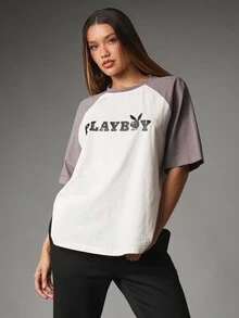 Missguided x Playboy Bunny Logo Raglan T-Shirt Color Block Crew Neck Oversized Short Sleeve Casual Graphic Tee Spring Summer - Black and White - View 1