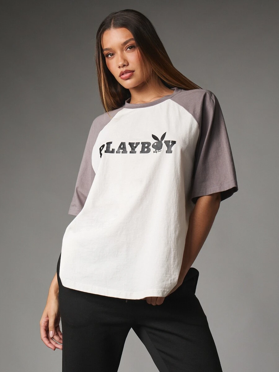 Missguided x Playboy Bunny Logo Raglan T-Shirt Color Block Crew Neck Oversized Short Sleeve Casual Graphic Tee Spring Summer - Black and White - View 1