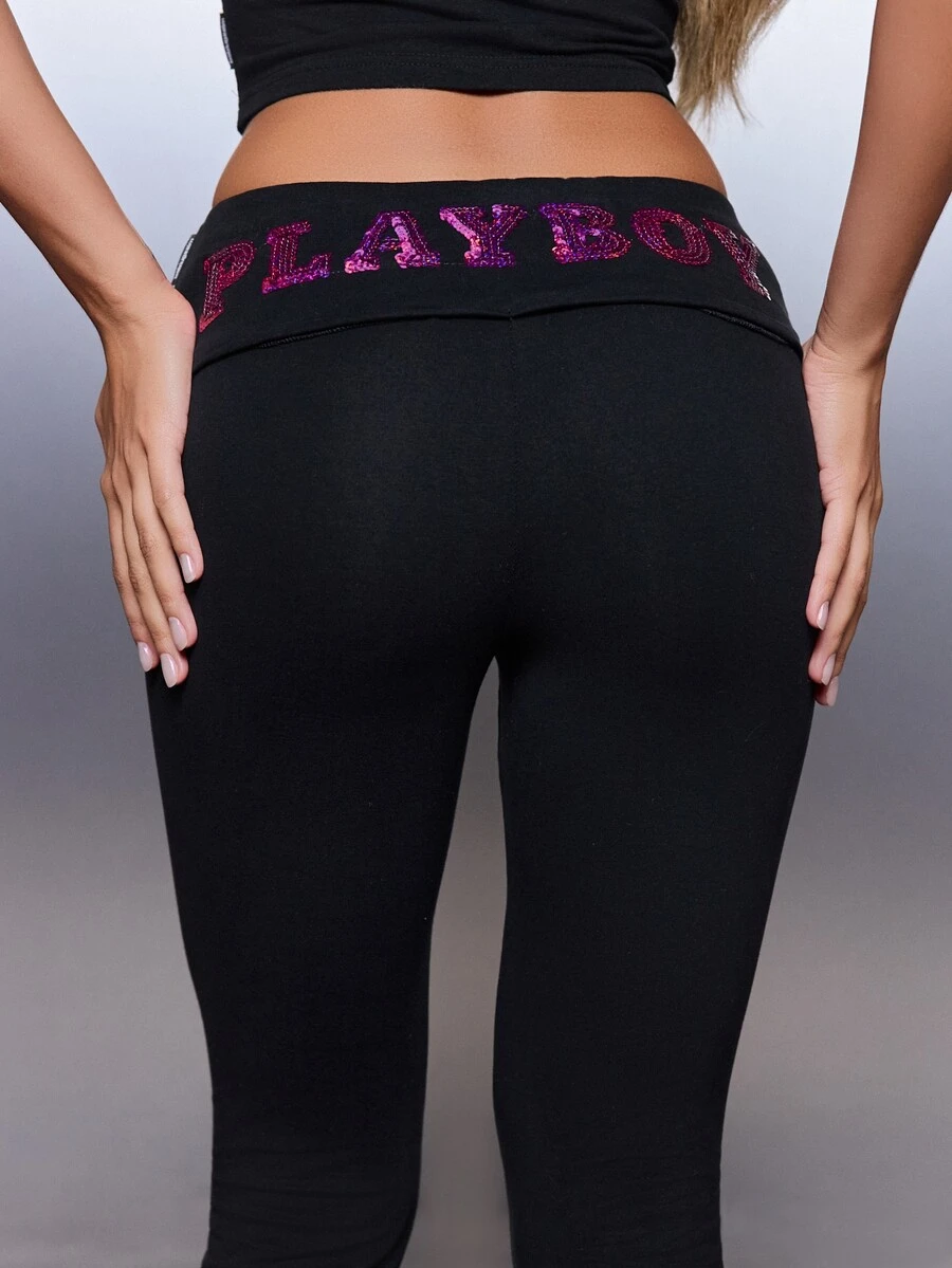 Missguided x Playboy Sequin Logo Foldover Waistband Flare Leggings Low Rise Full Length Stretch Pants Spring Festival Party - Black - View 1