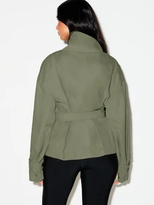 KIZN Oversized Belted Jacket With High Funnel Neck Button Front Closure Wide Cuffs And Tie Waist Perfect For Fall Winter Layering - Green - View 4