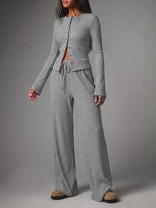 MISSGUIDED Ribbed Knit Co-Ord Set With Button-Down Cardigan Top And Wide Leg Drawstring Trousers - Cozy Autumn Winter Lounge Two Pieces - Light Grey - View 2