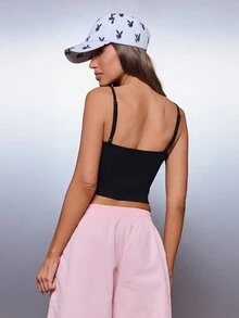 Missguided x Playboy Sequin Text Crop Cami Top Scoop Neck Sleeveless Fitted Summer Festival Night Out Party Wear - Black - View 4