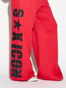 SUMWON WOMEN Oversized Wide Leg Sweatpants With Bold S Star Icon Leg Print Side Pockets High Rise Casual Lounge Trousers Fall Winter - Red - View 3
