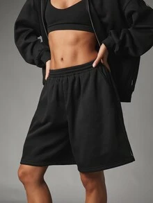 Missguided x Playboy Sequin Logo Oversized Bermuda Sweat Shorts With Elastic Waistband And Side Pockets Perfect For Summer Streetwear Casual Everyday Wear - Black - View 3
